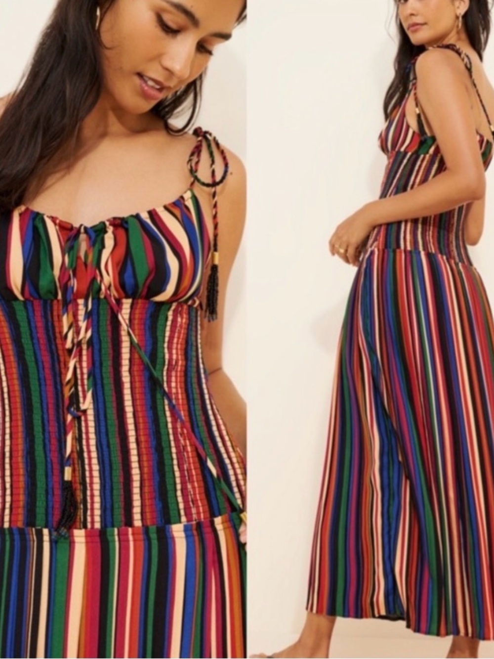 FARM Rio Multicolor Striped Maxi Dress with Smocked Bodice